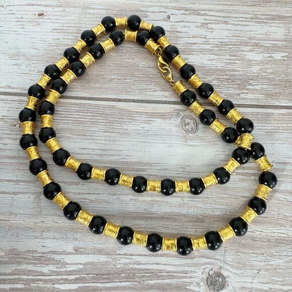 Liz Claiborne Vtg Black And Gold Regal Glam Beaded Necklace Bold Statement 28” - Picture 8 of 9